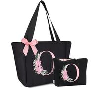 Vavabox Sac Cabas Personnalisé avec Initiale A-Z, Cadeau Imperméable pour Femmes, Demoiselles d'Honneur, Maman, Enseignantes, Amies (O, Noir 2 Pièces)