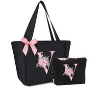 Vavabox Sac Cabas Personnalisé avec Initiale A-Z, Cadeau Imperméable pour Femmes, Demoiselles d'Honneur, Maman, Enseignantes, Amies (V, Noir 2 Pièces)