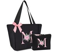 Vavabox Sac Cabas Personnalisé avec Initiale A-Z, Cadeau Imperméable pour Femmes, Demoiselles d'Honneur, Maman, Enseignantes, Amies (M, Noir 2 Pièces)