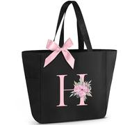 Vavabox Sac Cabas Personnalisé avec Initiale A-Z, Cadeau Imperméable pour Femmes, Demoiselles d'Honneur, Maman, Enseignantes, Amies (H, Noir)