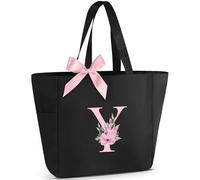Vavabox Sac Cabas Personnalisé avec Initiale A-Z, Cadeau Imperméable pour Femmes, Demoiselles d'Honneur, Maman, Enseignantes, Amies (Y, Noir)