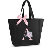 Vavabox Sac Cabas Personnalisé avec Initiale A-Z, Cadeau Imperméable pour Femmes, Demoiselles d'Honneur, Maman, Enseignantes, Amies (A, Noir)