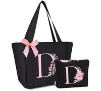 Vavabox Sac Cabas Personnalisé avec Initiale A-Z, Cadeau Imperméable pour Femmes, Demoiselles d'Honneur, Maman, Enseignantes, Amies (D, Noir 2 Pièces)