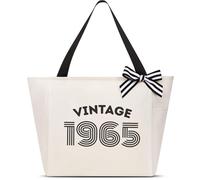 Vavabox Sac de Plage Femme, Cadeaux d'Anniversaire Unique pour 16/18/30/40/50/60 Ans, Cabas Vintage Personnalisable (1965, Blanc)