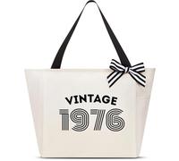 Vavabox Sac de Plage Femme, Cadeaux d'Anniversaire Unique pour 16/18/30/40/50/60 Ans, Cabas Vintage Personnalisable (1976, Blanc)
