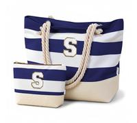 Vavabox Sac fourre-tout de plage initiale pour femme, résistant à l'eau, sac de plage pliable, cadeau d'anniversaire pour femme, maman, noir foncé, Bleu foncé, S