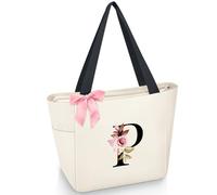 Vavabox Sac fourre-tout personnalisé avec initiale A-Z, cadeaux imperméables pour femmes, demoiselles d'honneur, maman, enseignants, amis, 46CM x 17CM x 30CM (P, White)