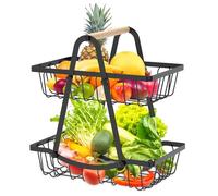 VAVPUP Corbeille à fruits à 2 étages en métal, étagère à légumes amovible, robuste et polyvalente, avec poignée en bois, organisateur de cuisine pour pain, collations, légumes, décoration de la maison