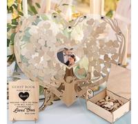 VAVPUP Livre d'or de mariage en bois - Décoration de mariage avec cadre en forme de cœur - Livre d'or unique en forme de cœur avec compartiment photo pour mariage, anniversaire, baptême et remise de