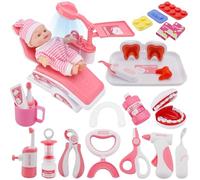 VBACALA 29 Pièces Malette Docteur Enfant, Jouets de Dentiste, Trousse de Médecin 3 Ans et Plus, Jeux de Rôle Ensemble de Jouets, Garçons et Filles (Rose)