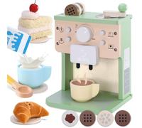 VBACALA Cafetière en Bois pour Enfants avec Son et Boutons,Cuisine en Bois pour Enfants avec Tissu Gâteau et Croissant,Jouets Educatifs Jeux de Rôle Montessori,Jeux de Cuisine,Cadeaux pour Garçons et