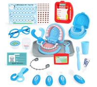 VBACALA Malette Docteur Enfant 20 Pièces, Kit Dentiste Enfant avec Appareil Dentaire, Fonction Extraction des Dents, Carte de Brossage et Accessoires, Jeu d'Imitation Médecin, Cadeau dès 3 Ans, Bleu