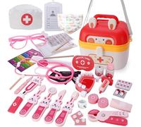 VBACALA Malette Docteur Enfant, 42Pièces Malette Docteur Jouet pour Enfants en Bois avec Armoire à Pharmacie en Forme de Lapin,Stéthoscope,etc Mallette Médecin Jouet pour Enfants à Partir de 3,4,5 Ans