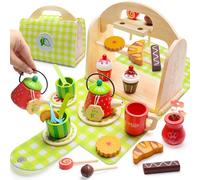 VBACALA Service à Thé en Bois pour Enfants, 23 Pièces Jouet Cuisine avec Valisette, Dînette en Bois Jeu de Rôle Montessori, Cadeau pour Filles et Garçons 3 4 5 Ans