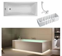 VBChome Baignoire 160 x 70 cm blanc acrylique espace pour éclairage LED support de baignoire siphon baignoire rectangulaire design moderne bonde en chrome