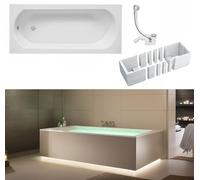 VBChome Baignoire 160 x 75 cm - Blanc - Support de baignoire en acrylique - Support en polystyrène - Siphon - Design moderne - Bonde d'écoulement chromée