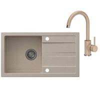 VBChome Évier avec robinetterie Beige granit 77 x 44 cm Évier simple encastré avec surface de vidange mouchetée réversible et composite mitigeur de cuisine + siphon + distributeur de liquide vaisselle