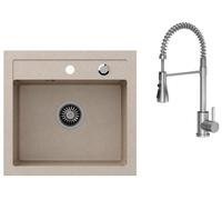 VBChome Évier de cuisine avec robinetterie - 50 x 47 cm - Beige - Granit - Montage simple - Pour cuisine - Moucheté - Siphon