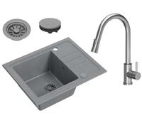 VBChome Évier en granit gris avec robinet, 55 x 44 cm, simple, encastrable et réversible en granit moucheté, siphon en acier inoxydable, avec bec extensible