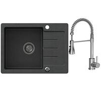 VBChome Évier en granit noir avec robinet 60 x 44 cm Évier simple encastrable à revêtement granité réversible évier composite + siphon lavabo robinet à sortie pivotante, sortie à ressort