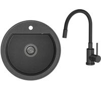 VBChome Évier + robinet 51 cm noir - Évier simple - Lavabo moucheté + siphon + robinet de cuisine - Mitigeur monocommande