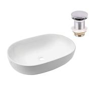 VBChome Lavabo ovale 60 x 41 cm en céramique blanche | Lavabo à poser, avec valve pop-up Click-Clack | Lavabo moderne pour salle de bain, WC d'invités, lavabo