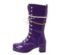 VBEDKDEB Boots Bottes pour femme Mid Calf Bottes pour femme en couleur bonbon Petites perles fraîches Perles Pompon Talon épais Talon haut Bottes en cuir Bottes en caoutchouc moyennes Noir, lilas