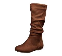 VBEDKDEB Bottes mi-mollets pour femme - Talon bas - Bout carré - Fermeture éclair latérale - Bottes en caoutchouc doublées - Bottes longues élastiques, café, 38.5 EU