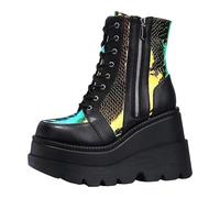 VBEDKDEB Bottines pour femme - Bottes d'hiver courtes avec fond épais - Couleur bloquante - Lacets en Europe - Bottines en caoutchouc pour femme, Noir , 38.5 EU
