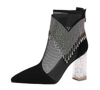 VBEDKDEB Bottines pour femme - En dentelle - Strass - Avec pompon - Bottines décontractées - Quatre saisons - Talons hauts - Bottes de moto pour femme, Noir , 39 EU