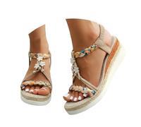 VBEDKDEB Sandales à talon compensé pour femme - Confortables - Espadrilles - 2025 - Sandales d'été décontractées - Style bohème - En lin - Ouvertes - Antidérapantes - Pour la plage, les voyages, les