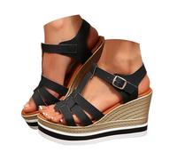 VBEDKDEB Sandales compensées pour femme - En cuir - Bout ouvert - Sangle réglable - Antidérapantes - Pour l'été - Décontractées - Pour la plage, les voyages, les vacances, Noir , 37 EU