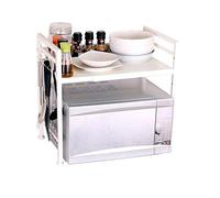 VBNCUUIOPO Étagère à micro-ondes à 2 niveaux extensible en acier au carbone Étagère de comptoir de cuisine Étagère de four à micro-ondes avec 5 crochets Organiseur de maison (couleur : blanc