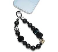 VBRYUAW Breloque de téléphone pour femme, sangle de poignet en perles antivol avec languette d'attache, bracelet de téléphone amovible, breloque chat noir, bracelet étincelant pour filles