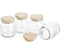 VBS Bocal à provisions avec couvercle en bois, 4 pièces, env. 100 ml, récipients en verre, bocaux de conservation, organisation de la cuisine, bocaux à épices