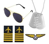 Vbxvsa Lot de 4 accessoires de costume de pilote - Insigne d'uniforme de capitaine avec lunettes de pilote - Pendentif - Accessoire de jeu de pilote pour carnaval et fête d'Halloween