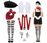 Vbxvsa Pantomime Ensemble complet de 6 costumes de cirque arlequin pour femme avec bretelles, foulard, chaussettes, gants, tatouage et béret, pour carnaval et Halloween