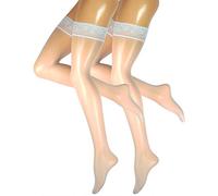VCA Bas autofixants en satin avec bords dentelle - 15 deniers (L/XL, 2 paires blanc)