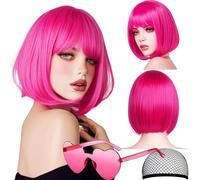 VCAY Perruque courte rose foncé de 30,5 cm avec frange, perruque de cosplay raide, résistante à la chaleur, sangles réglables pour femme et fille avec bonnet de perruque