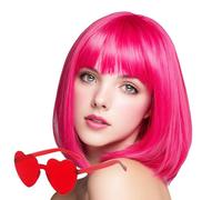 VCAY Perruque courte rose vif de 30,5 cm avec frange - Perruque raide pour cosplay - Résistante à la chaleur - Bretelles réglables - Pour femme et fille - Avec bonnet de perruque