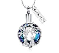 VCCWYQK Collier urne funéraire en forme de chat - Motif arbre de vie - Pour femme - Cendres - Cristal - Médaillon souvenir pour les amoureux des chats, Acier inoxydable, Pas de gemme