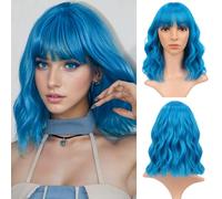 VCKOVCKO Perruque Bob Pastel : Perruque ondulée avec frange d'air pour femme - Longueur des épaules, synthétique, bleu lac (30,5 cm)