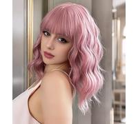 VCKOVCKO Perruque ondulée pastel avec frange d'air pour femme Bob court violet rose perruques bouclés ondulés longueur d'épaule Pastel Bob synthétique cosplay perruque pour filles (12", violet rose)