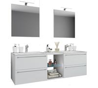 VCM 3-TLG. Set | 2 Waschtisch, 2 Spiegel, 2 Waschbecken, 1 Mittelfach | Keramik Waschbecken | Unterschrank 195 cm | Badmöbel Set Doppel Waschplatz - Badinos XXL Blanc
