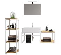 VCM 4-TLG. Waschplatz Waschtisch Badmöbel Set Waschbecken Holz Metall Industrial Style Bitila 100 V1 Blanc/Chêne Miel