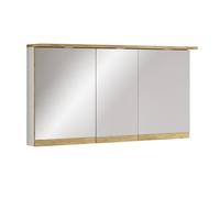 VCM Badspiegelschrank mit Beleuchtung und Steckdose - Spiegelschrank Bad mit 3 Türen und 4 Fächern - Badezimmerschrank hängend - H. 59 x B. 110 x T. 23 cm, Cosila Weiß/Honig-Eiche