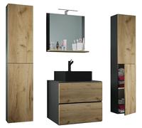 VCM Ensemble de 5 pièces pour lavabo Meuble de Salle de Bains Lavabo Lendas BL Largeur 60 cm XL Tiroir Anthracite/Chêne Miel