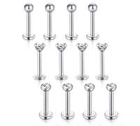 Vcmart 12pcs Argent Labret lèvre Stud Bars Set 16 Gauge Acier Chirurgical Monroe Tragus Cartilage Piercing Bijoux