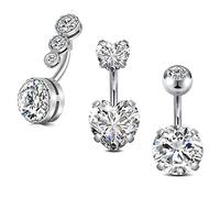 Vcmart 3pcs Barre de Nombril Court 6mm Coeur Nombril Anneaux 14G Argent Piercing Bijoux Acier Inoxydable