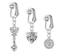 VCMART 3pcs Clip sur Nombril Anneaux Non Percé Faux Nombril Barres Coeur Lune Dangle Argent Faux Piercing Bijoux